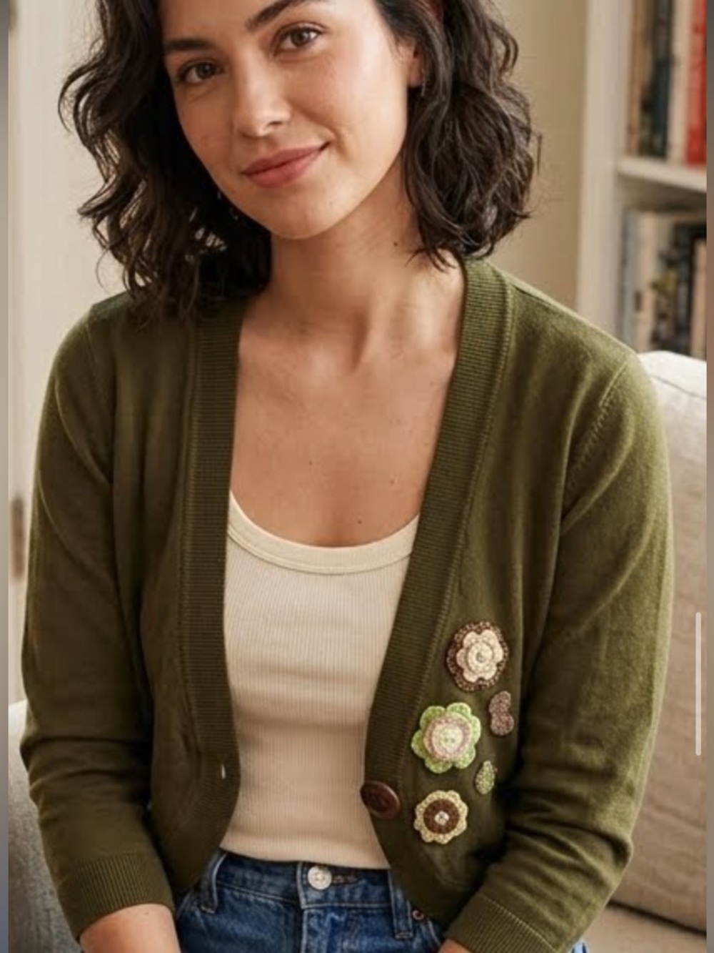 Jessica Olive Green Floral-Appliqué Cardigan